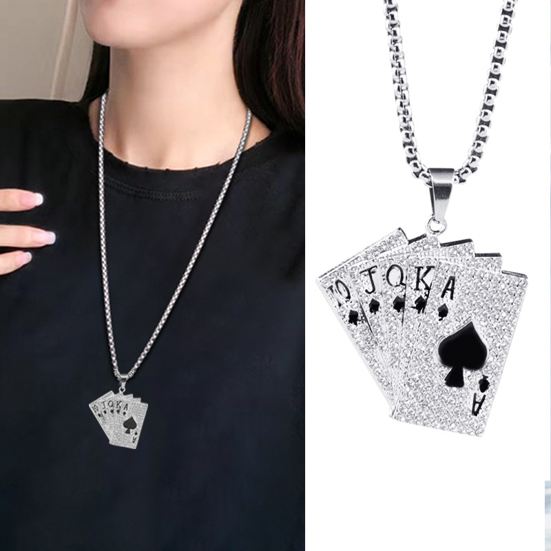 345 Hip Hop Square Plate Pendant Choker Necklace Silver Plated Stainless Steel Box Chain Full Diamond Inlay Spades Poker Necklace