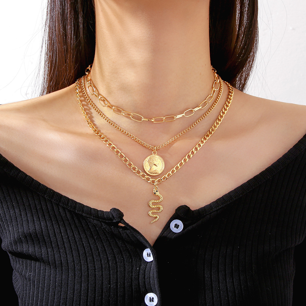 5587101 Gothic Gold Color Multilayer Snake Heart Necklace For Women Bohemian Coin Pendant Chain Necklaces 2022 Trendy Jewelry