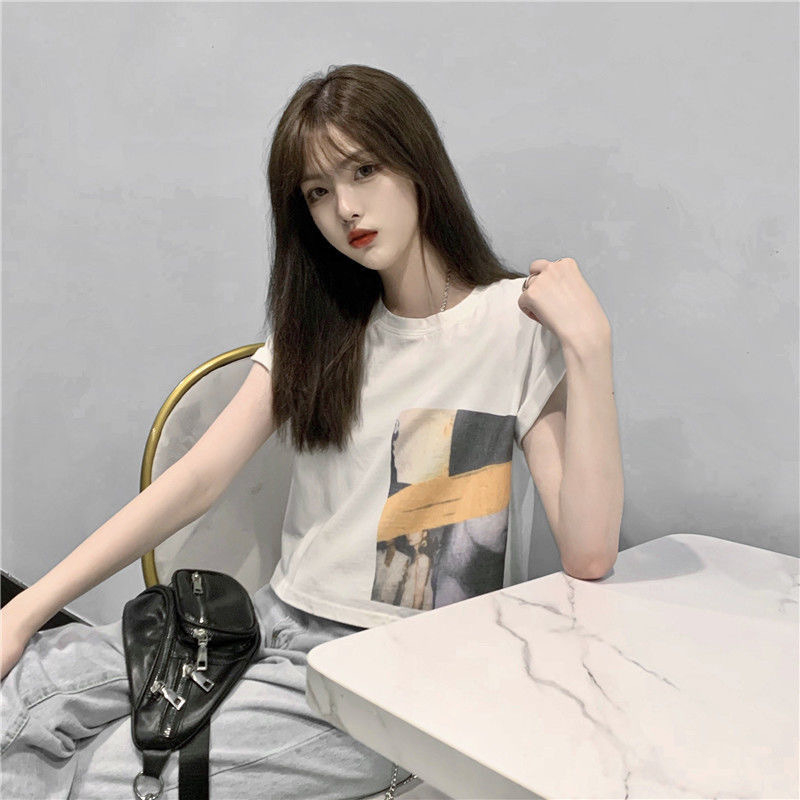 986 Women's Fashion Loose Casual Print Crop Top Short Sleeve T-shirt