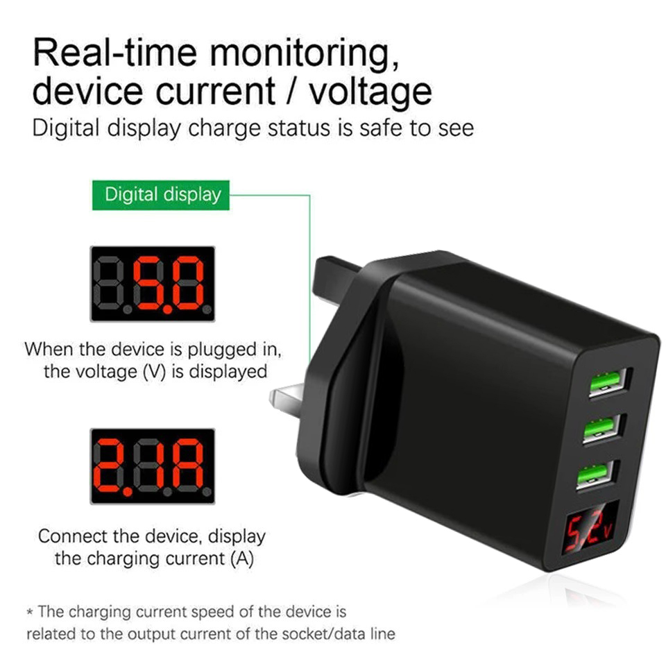 UK 3-Port USB Wall Charger LED Display Travel Power Adapter for Apple Samsung Android Phones Tablets