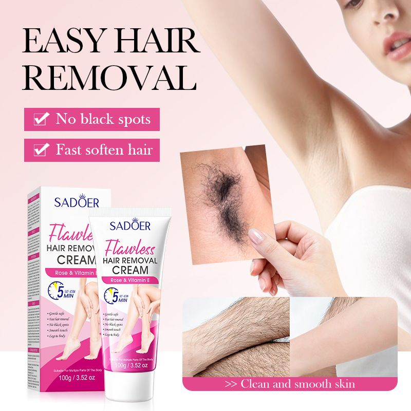 SADOER Rose & Vitamin E Hair Removal Cream 100g 5 Minutes Fast Action Gentle Depilatory Cream for Legs & Body Painless Smooth Flawless Skin No Black Spots