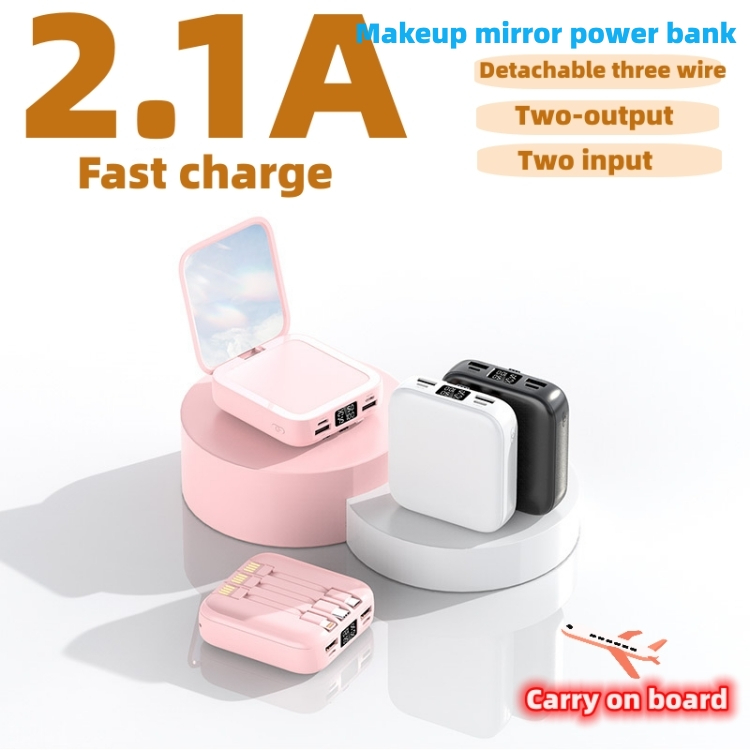 Makeup mirror power bank Dual USB output Charging requires no additional wiring Quick charge Carry on board Cosmetic mirror Detachable three wire two-output Two input mobile power supply CRRSHOP black white pink 20000 mAh digital phone charger 