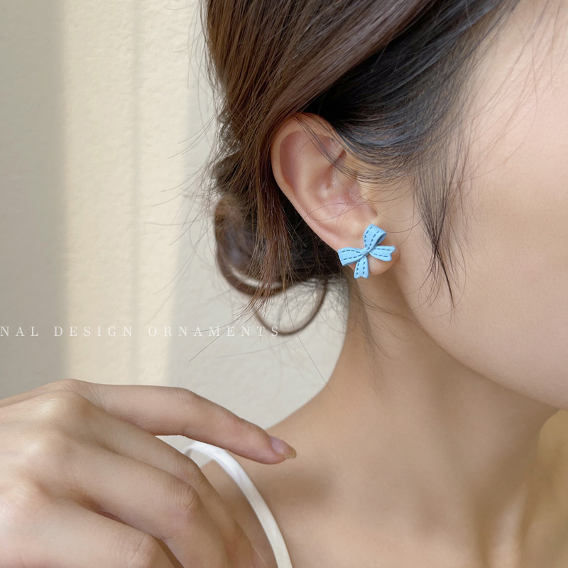 Women's Simple Petite Blue Bow Stud Earrings Jewelry Gift