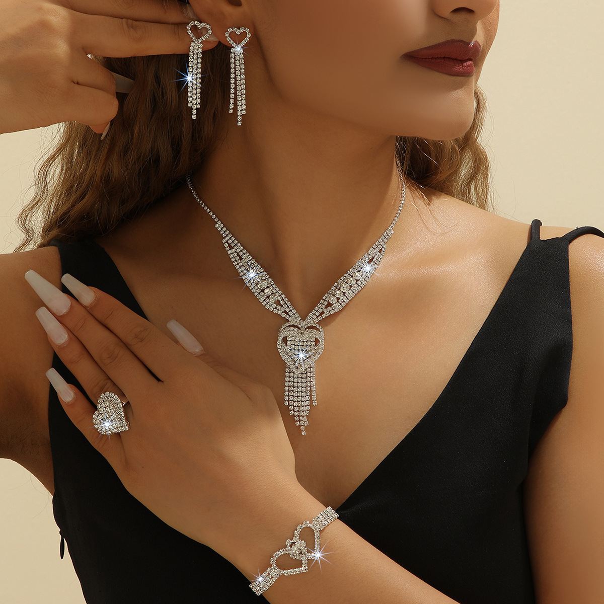 Full Rhinestone Heart Tassel 3Pcs & 4Pcs Jewelry Set For Women, Multi-Layer V-Shaped Adjustable Collarbone Choker, Silver Tone Sparkling Necklace Earrings Bracelet Ring Combo, Luxury Elegant Ornaments For Bridal Wedding Evening Banquet Prom Formal Dress, Glamorous Statement Gift Accessories For Ladies
