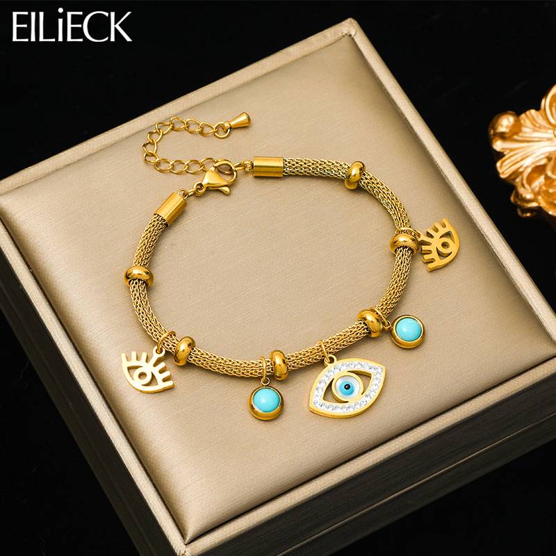 XL00876-1 Stainless Steel Vintage Blue Eyes Charm Bracelet For Women Girl Fashion Gold Color Waterproof Jewelry Holiday Gift