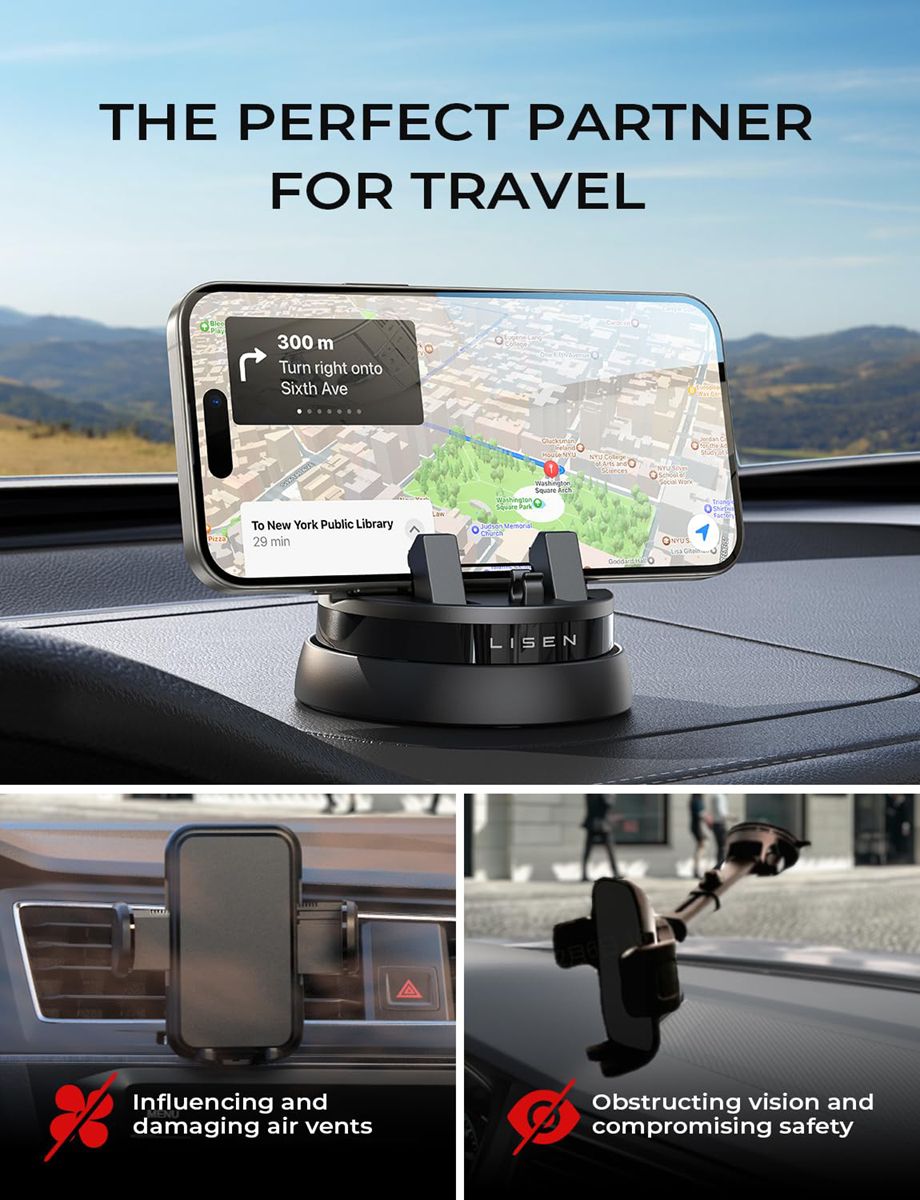 Car Phone Holder,360° Rotatable Dashboard Cell Phone Holder,Car Travel Essentials for Long Trips,Multifunctional Car Accessories Fit for iPhone 16 Pro Max/15/14/13/12/11,Samsung