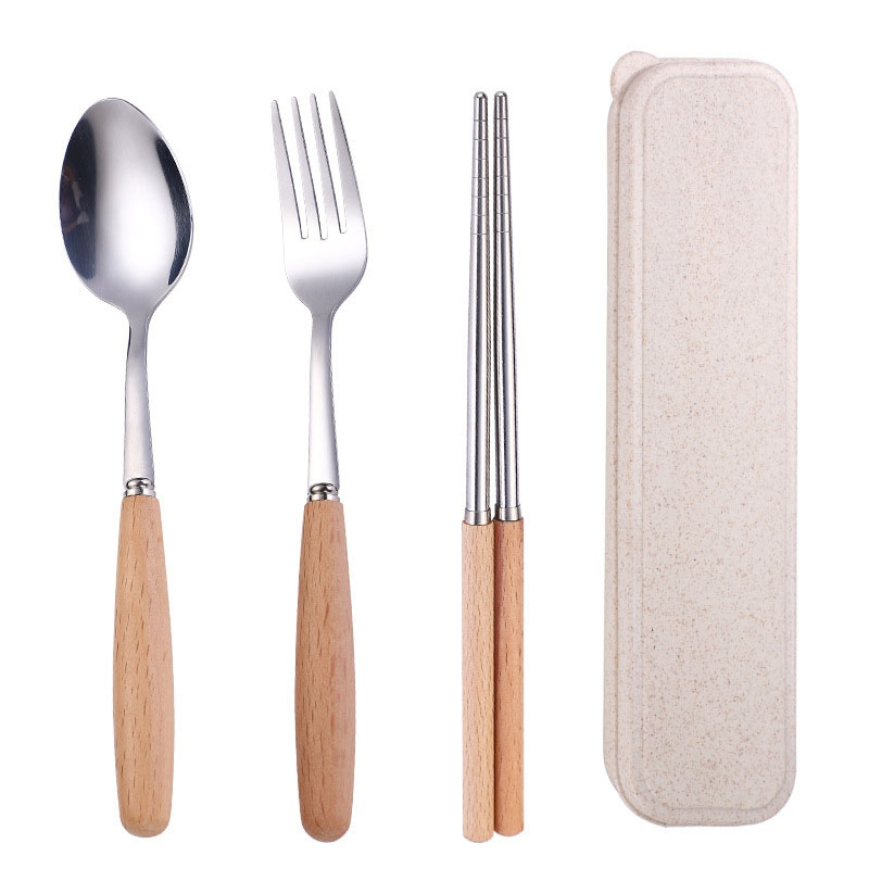 Wooden Handle Stainless Steel Tableware Three-piece Set Solid Wood Chopsticks Fork Spoon Student Outdoor Travel Gift Tableware
