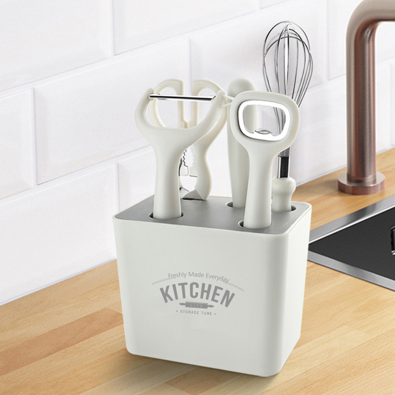 sku50-1 6Pcs Multifunctional Kitchen Utensils & Gadgets Set With Storage Holder, Kitchen Accessories Tools Sets of Kitchen Scissors, Fruit Knife, Whisk, Fruit Peeler, Bottle Opener