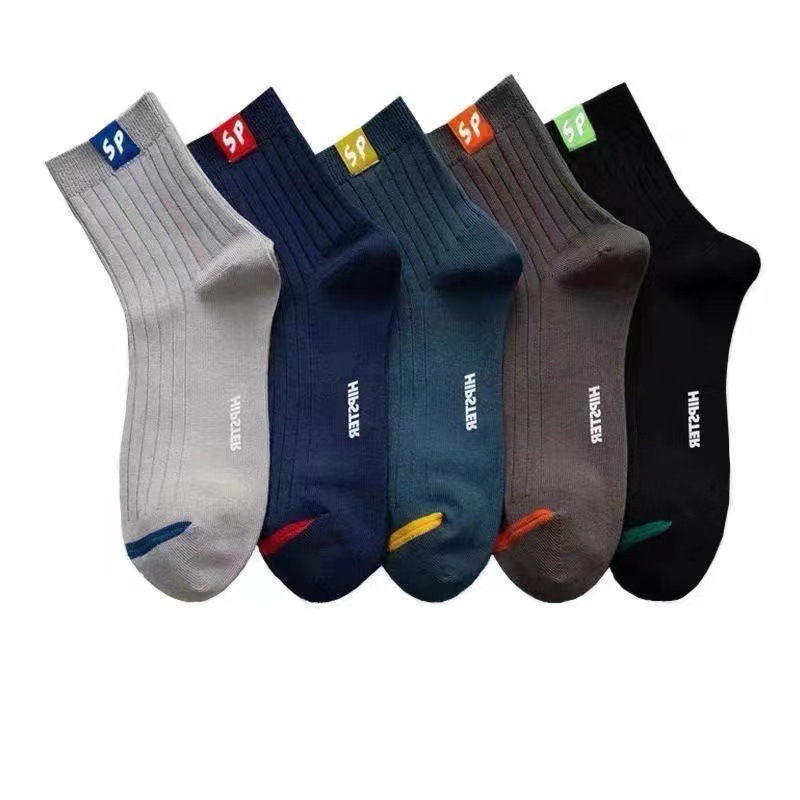 men's letter socks simple design fabric label casual comfortable cotton middle tube socks 5cps set