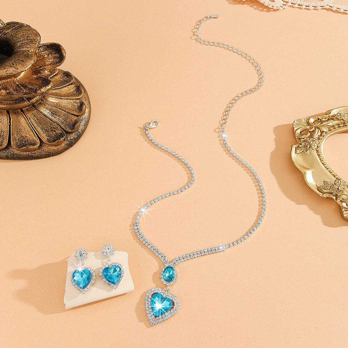 Trendy Korean Style Heart Jewelry Set, Shiny Claw Chain Heart Pendant Necklace & Stud Earrings, Elegant Temperament Accessories for Daily Dating Wedding Bride Dinner Party