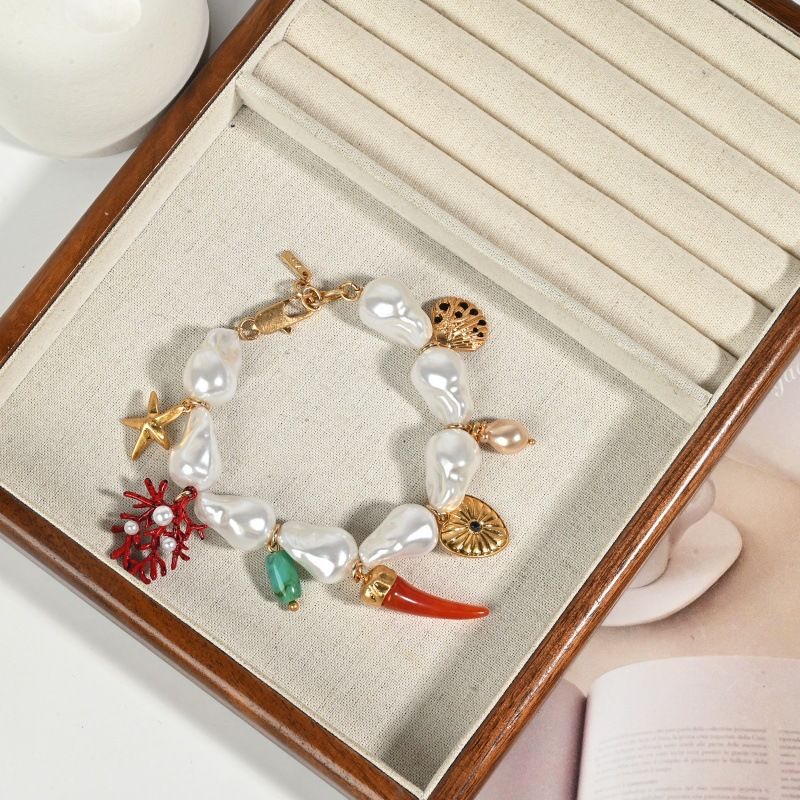 Dopamine Style Baroque Pearl Bracelet, Ocean-inspired Design with Coral, Starfish & Shell Charms, Gold Tone Lobster Clasp, Irregular Faux Pearl Beaded Bracelet for Women, Ideal for Summer & Beachwear
