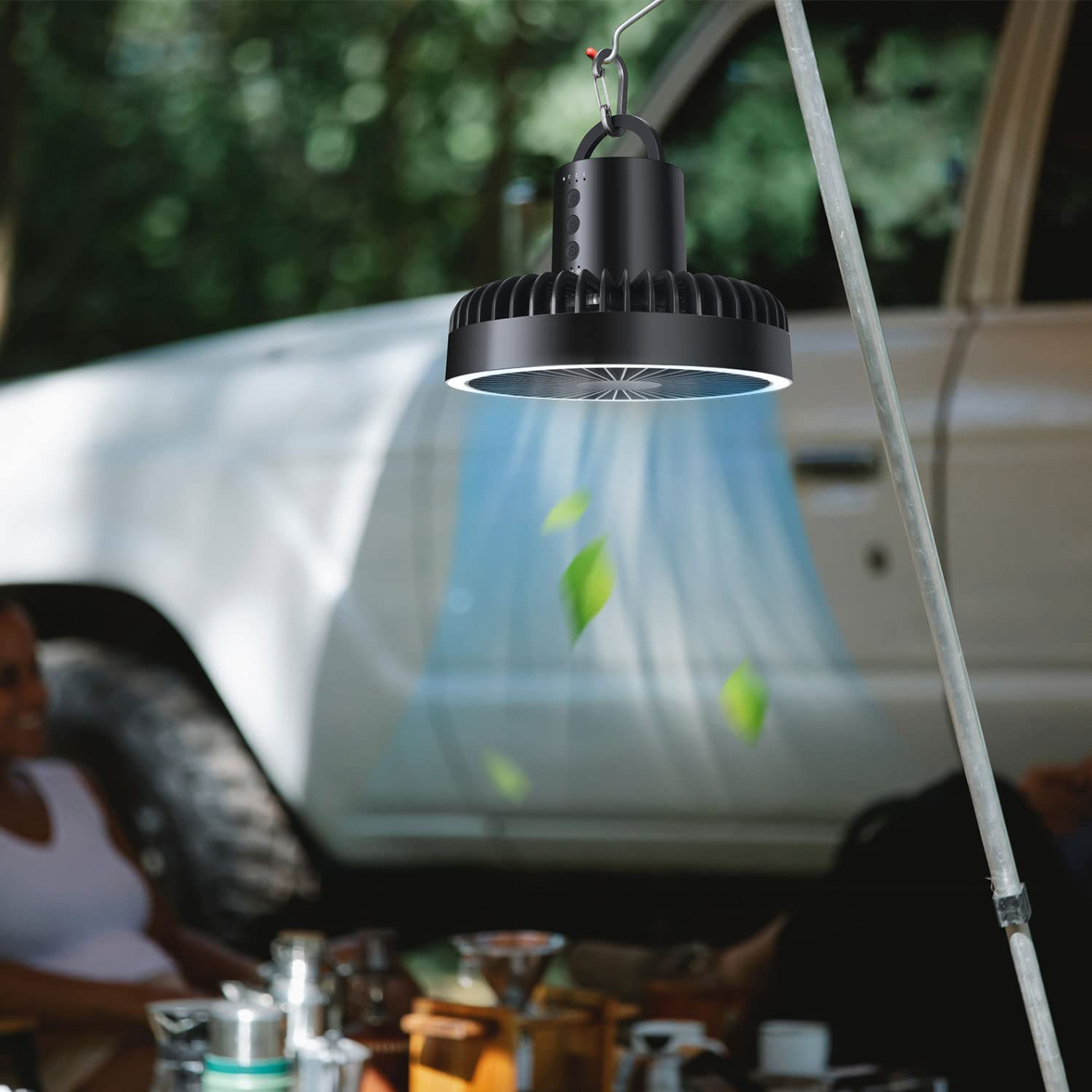 MECOLA Portable Camping Fan with LED Lantern, 10000mAh Battery Operated USB Rechargeable Fan with Hanging Hook, 3 Lights Modes, 3 Speeds Quiet Ceiling Fan, Tent Fan with Tripod for Outdoor Emergency Outage