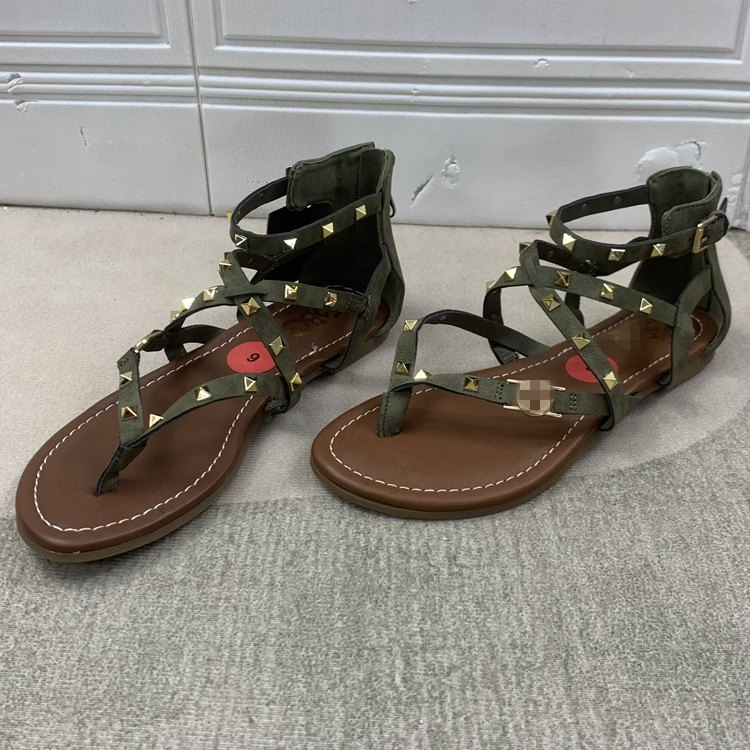 Women's and Girls Roma Sandals Square Studs Cross with Flat Zipper Sandals Flip-Flops Beach Shoes
