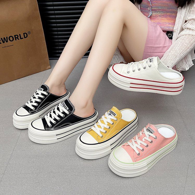 Candy-colored canvas shoes for women 2025 summer new style a single shoe with a full head preppy style thick sole simple half slipper