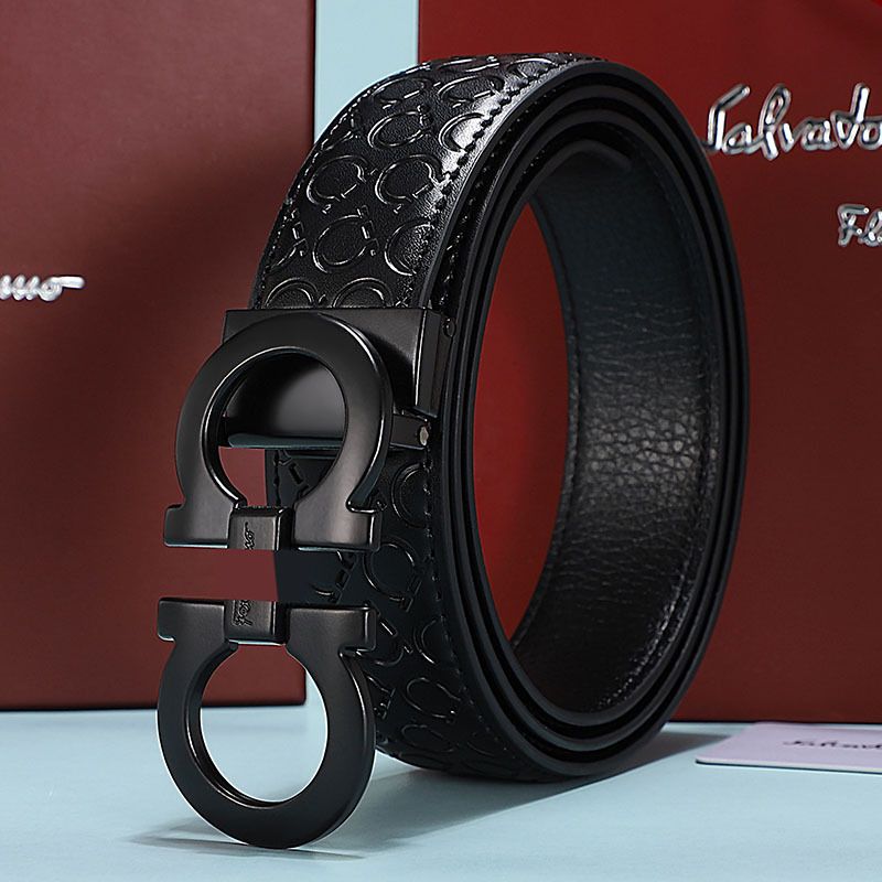 Men's Fashion Business Alloy Smooth Buckle Belt Casual Youth Genuine Leather BeltBlack Black