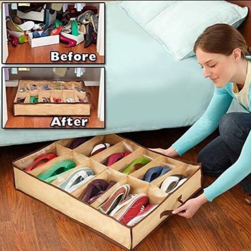 Shoes under 12 grid, non-woven shoe box, household storage utensils Storage Box Transparent storage shoe box with 12 compartments, dust-proof moisture-proof shoe box