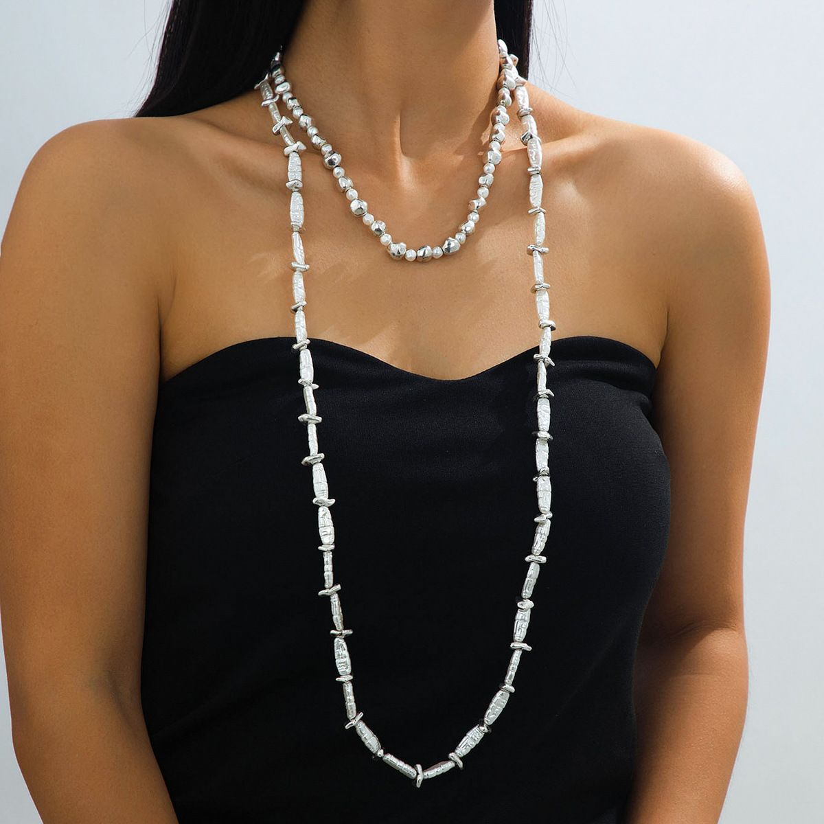 Vintage 2-Tier Baroque Faux Pearl Necklace, Irregular Pearl & CCB Beaded Layered Choker with Adjustable 43+2.5cm & 98cm Lengths for Women
