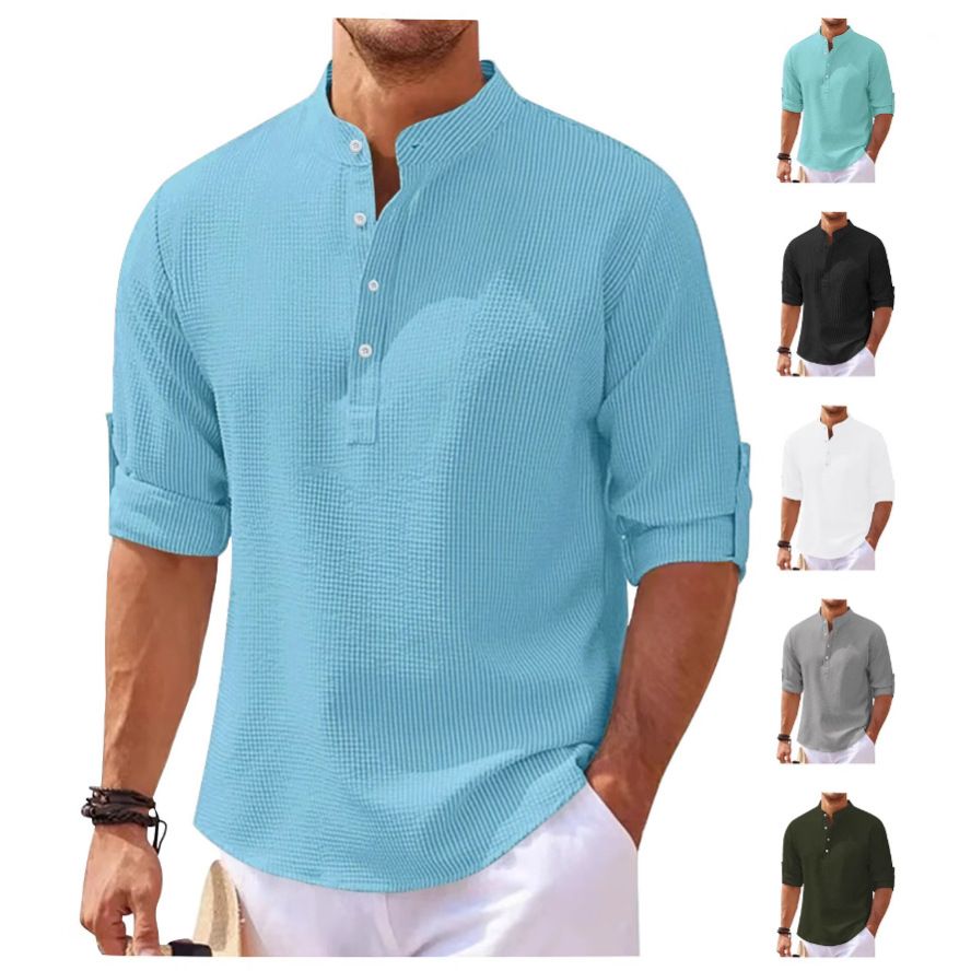 Men's Long Sleeved Polo Shirt Summer Casual Breathable Button Up Collar Checkered Polo Shirt