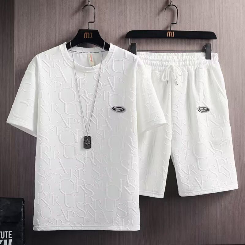 778944 Men Plus Size T-Shirt and Pants Black White Two Piece Outfits Summer Short Sleeve Round Neck Plain Top and Down Clothes Casual