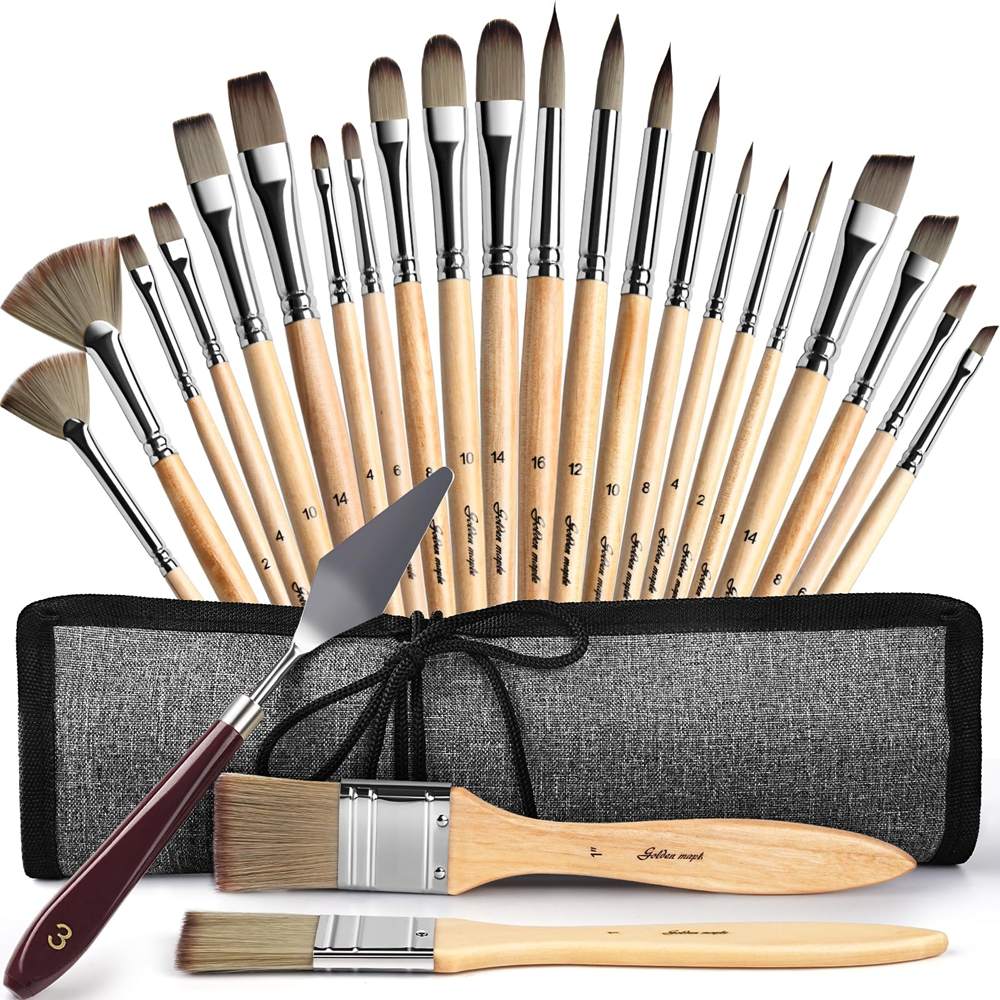 Acrylic Paint Brush Set, Golden Maple 25 PCS Paint Brushes for Acrylic Painting Oil Watercolor & Canvas,Enhanced Synthetic Brush Set with Cloth Roll and Palette Knife