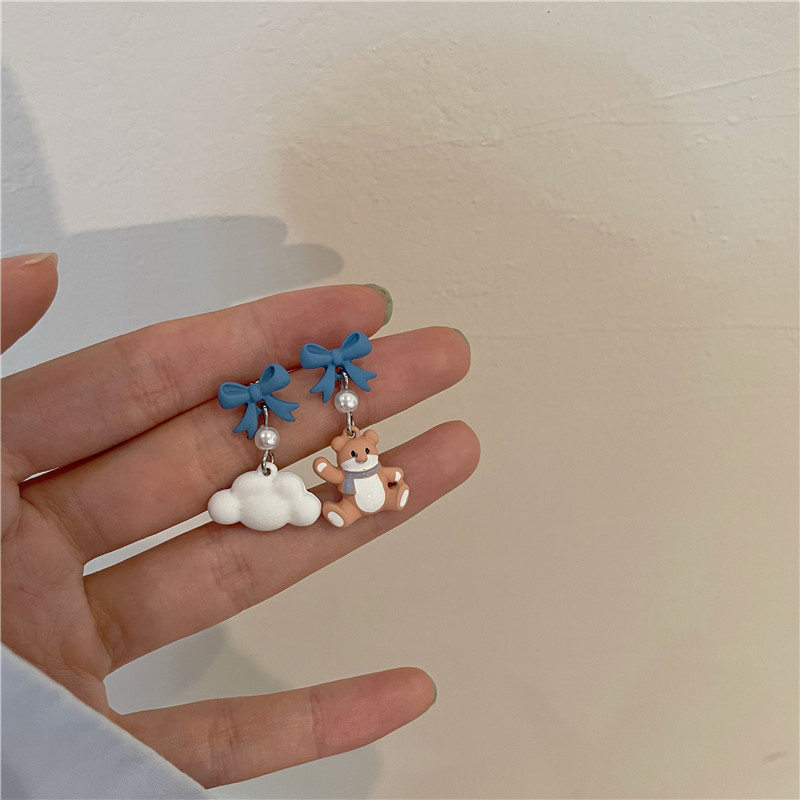 Women Cute Cartoon Blue Bear Cloud Asymmetrical Stud Earrings Jewelry Gift