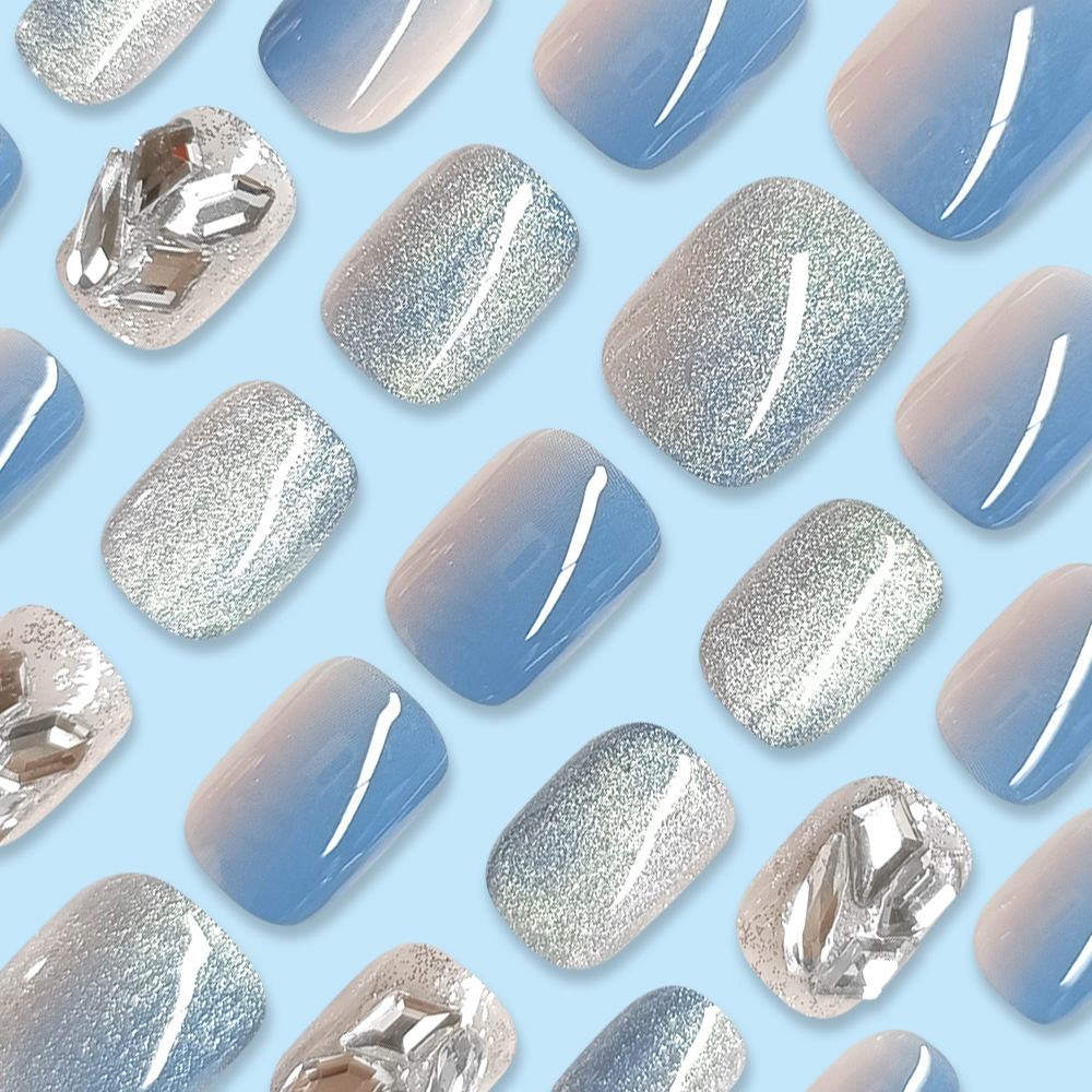 Fake Nail Cat Eye Armor Blue and White Color Short Style 24pcs/box cool nail 