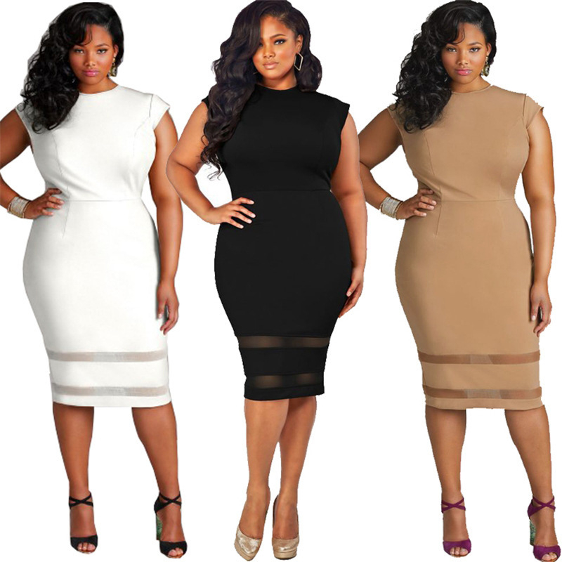 LQ2516 Women's Casual Crew Neck Short Sleeve Elegant Plus Size Bodycon Midi Club Dress
