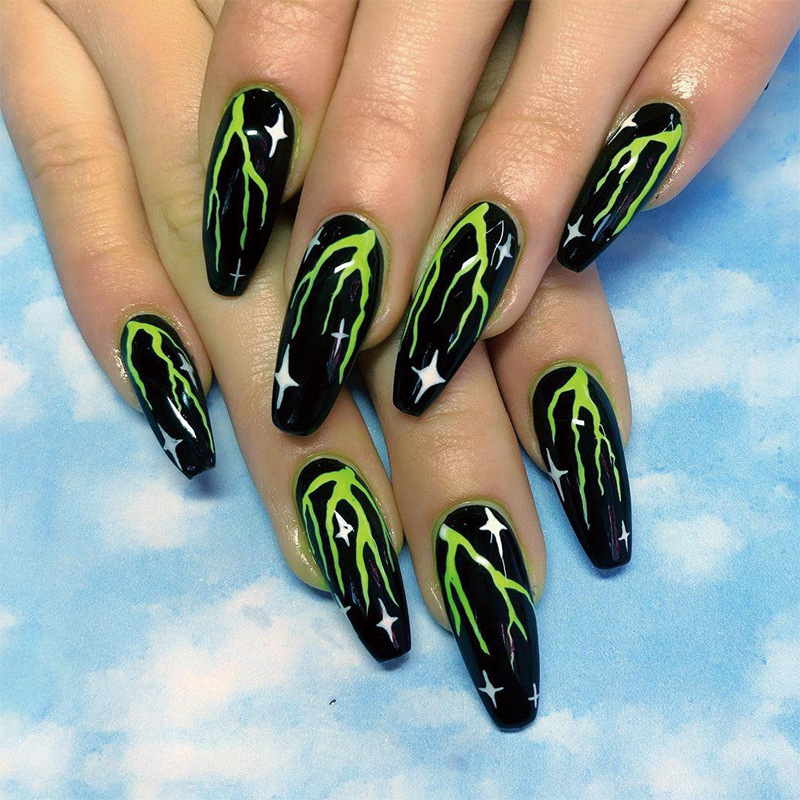 JP1187 24 Pcs Glossy Press on Nails, Medium Coffin Green Lightning Hot Girl Fake Nails, Acrylics Full Cover False Nails for Women and Girls
