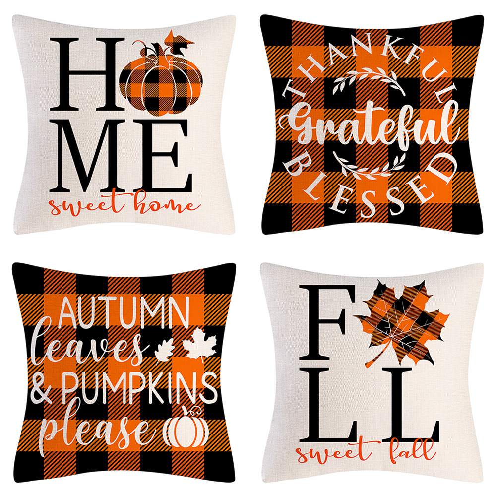 MNBY-08 Home Fall Buffalo Check Plaid Pumpkin Maple Leaf Throw Pillow Cover, 18 x 18 Inch Autumn Give Thanks Gather Farmhouse Cushion Case for Sofa Couch