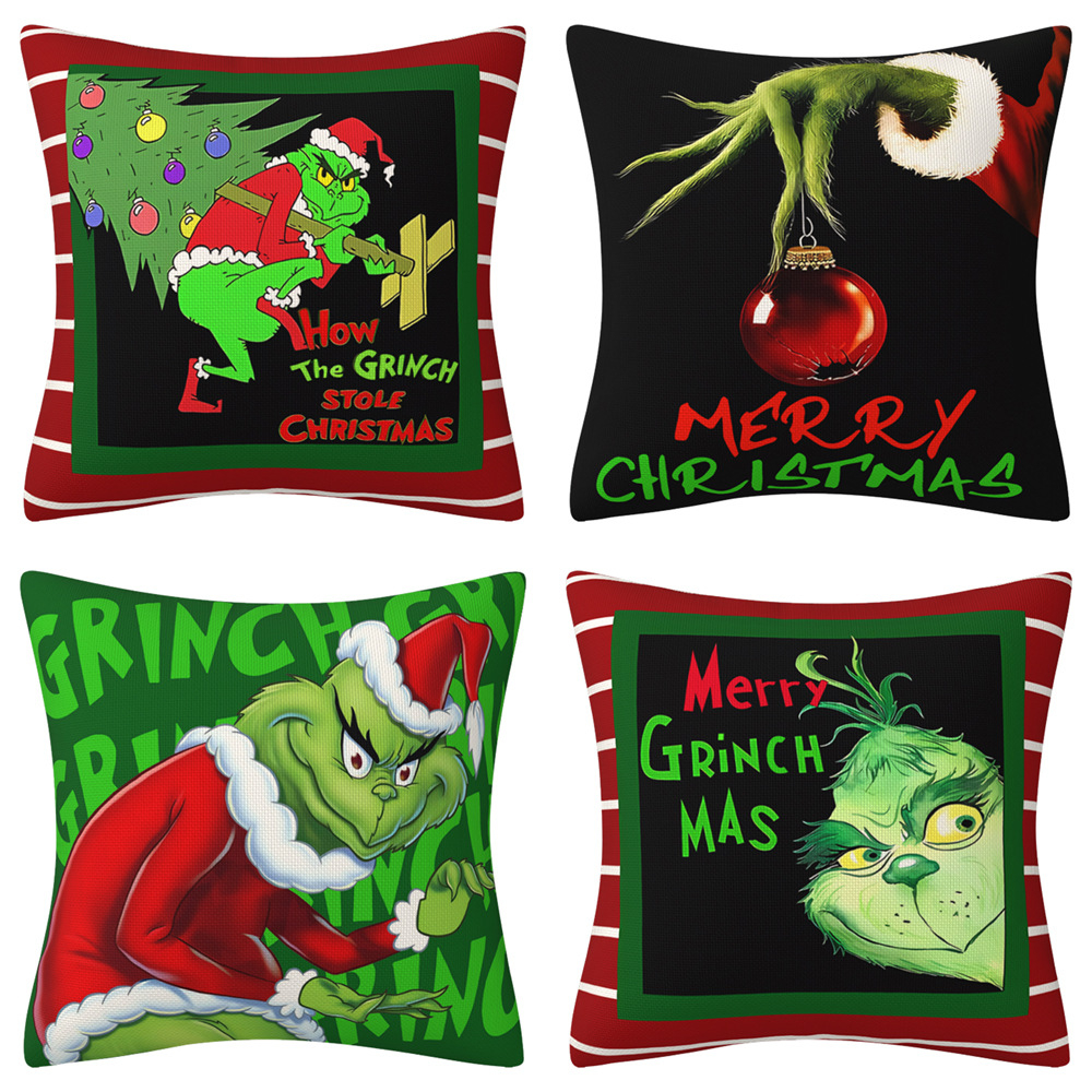 GLQ-12 Christmas Pillow Covers 45x45 cm for Christmas Decorations Winter Xmas Farmhouse Pillow case, Merry Grinchmas Throw Pillow Covers Cotton Linen Pillow Case Grinch Holiday Decor for Home