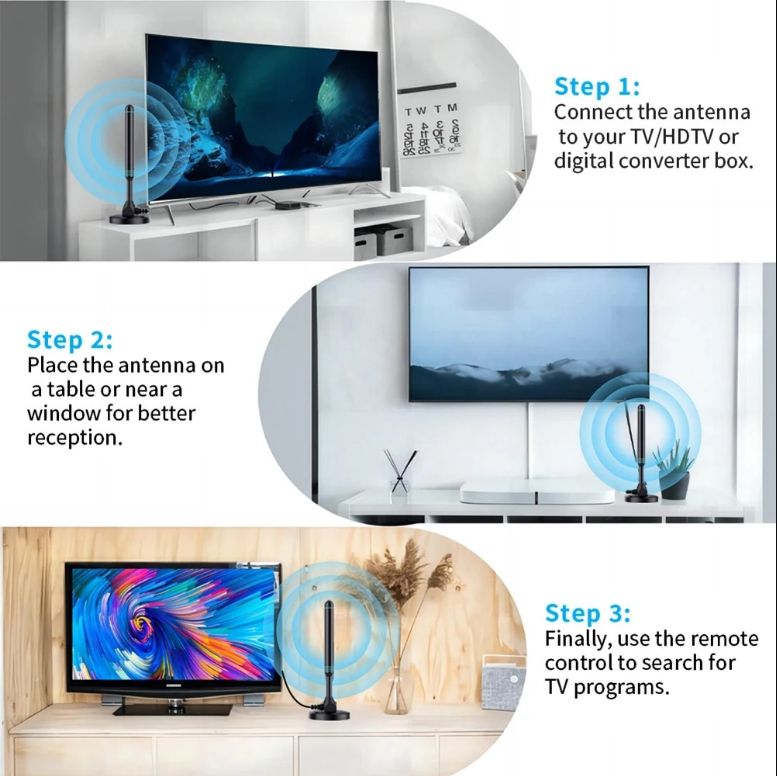 4K/1080P HD Digital TV Antenna with Signal Amplifier 480+ Miles Indoor Outdoor Antenna Magnetic Base VHF UHF Digital HD Aerial