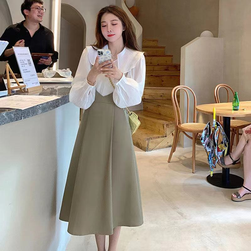 293 Women's Fashion Loose Shirt Cinched Waist Slim Slip Skirt Suit