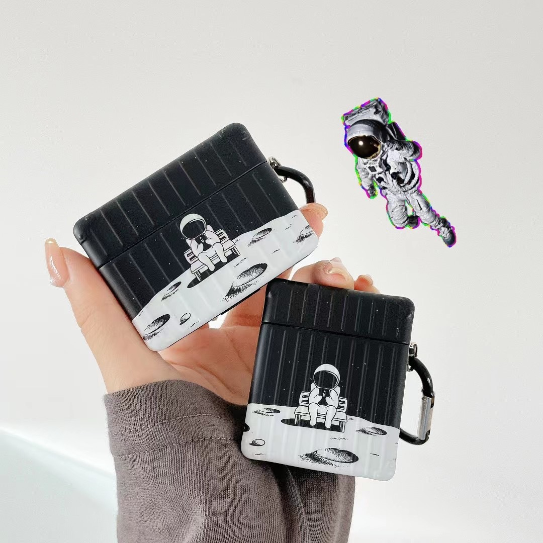 Cartoon Moon Astronaut Pattern Square Earphone Case with Clip for Airpods Pro Cute Space Trunk Cover for Airpods 1/2