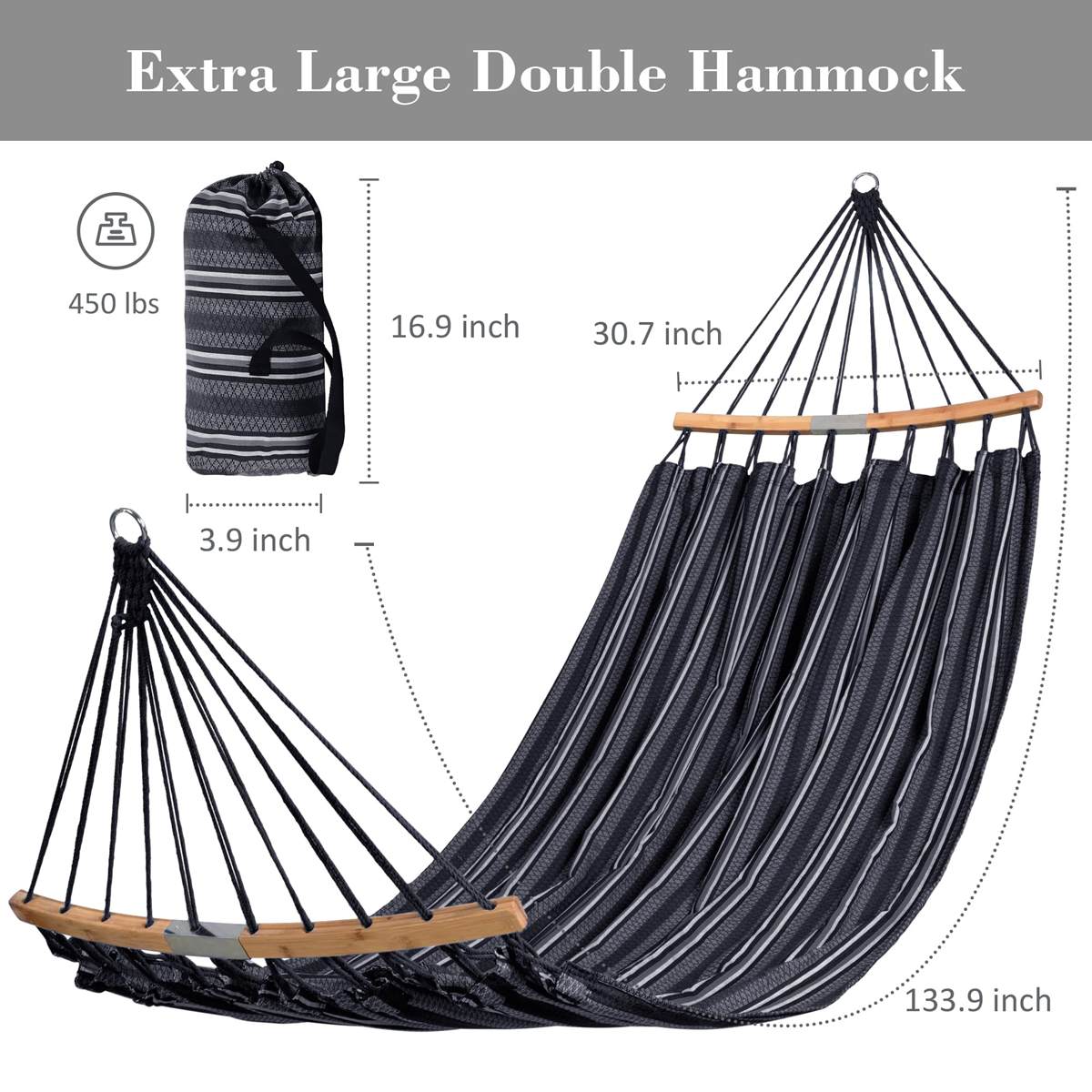 Hammocks Double Hammock with Curved Spreader Bar, Outdoor Camping Portable Hammock with Carrying Bag & Tree Straps for Patio, Backyard, Balcony, Max 450lbs Capacity