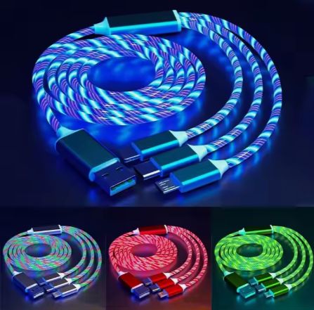 LED Luminous 3 in-1 Glowing Fast Charging Cable for iPhone Micro USB Type C Charging Cable 
