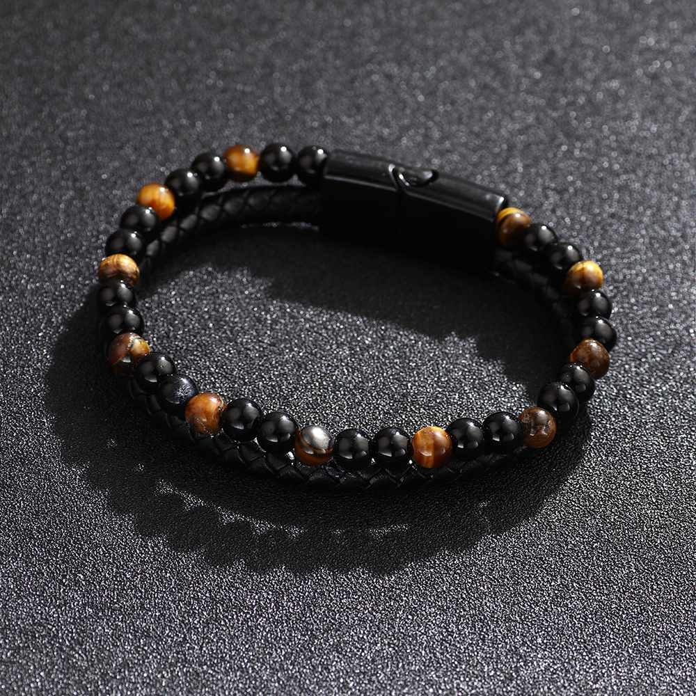 Men's Natural Tiger Eye Stone Beaded Bracelet, Dual Layer Black Braided Leather Strand With Magnetic Clasp, Vintage Casual Wrist Jewelry, Stylish Handcrafted Accessory For Daily Wear, Party And Outdoor Decoration, Comfortable Fit Durable Bracelet For Men, Unique Gemstone Leather Combo Bangle
