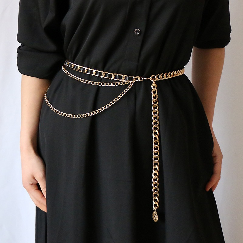 Women's Fashion Versatile Multi-Layered Chain Belt with Dress Metal Belt Embellishment