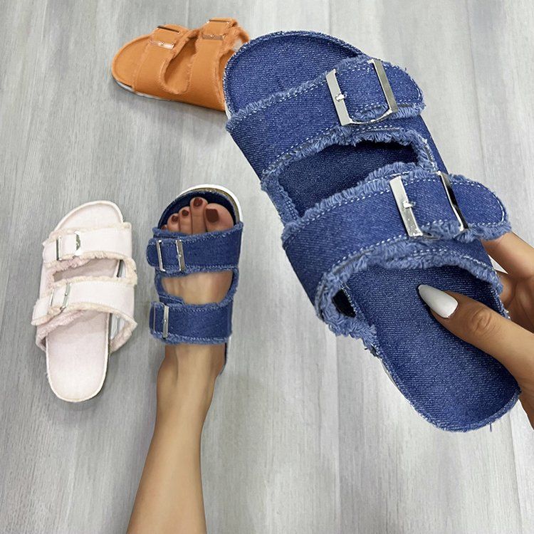Large size tassel slippers women wear 2023 new belt buckle cork bottom denim flip-flops 1126-01