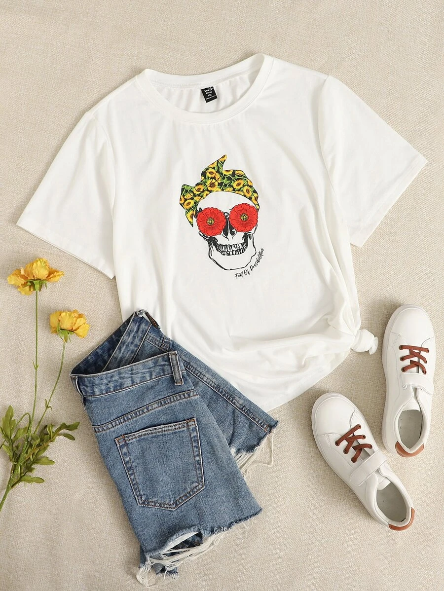DX063# Women Spider & Skull Print Tee T-Shirt