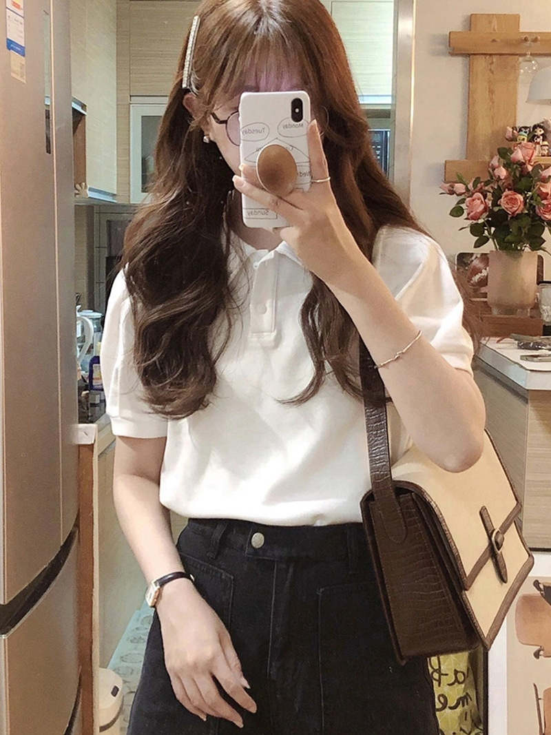 8081 Women's Temperament Slim Design Sense Solid Color Front Shoulder White Short Sleeve Polo Shirt T-shirt