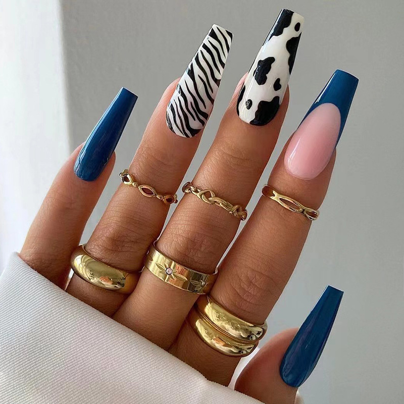 JP1758 24 Pcs Glossy Press on Nails, Super Long Coffin Cow Print Zebra Stripe French Lines Fake Nails, Acrylics Full Cover False Nails for Women and Girls