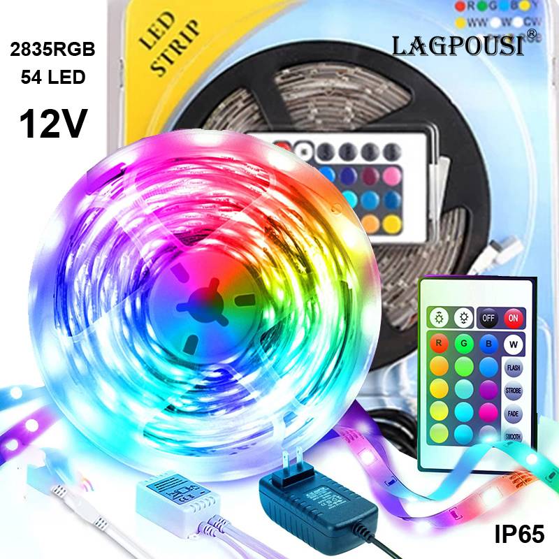 LAGPOUSI 12V IP65 Waterproof led light strip 54 led 2835 RGB colorful soft light strip 24 key controller light strip set for decoration lighting 5 meters LED Strip Lights
