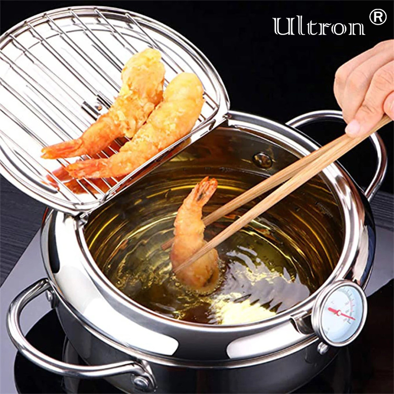 Ultron Japanese Deep Fryer With Thermometer and Lid 304 Stainless Steel Kitchen Tempura Fryer Pan Fryer Without Oil Frying Pan Fryer