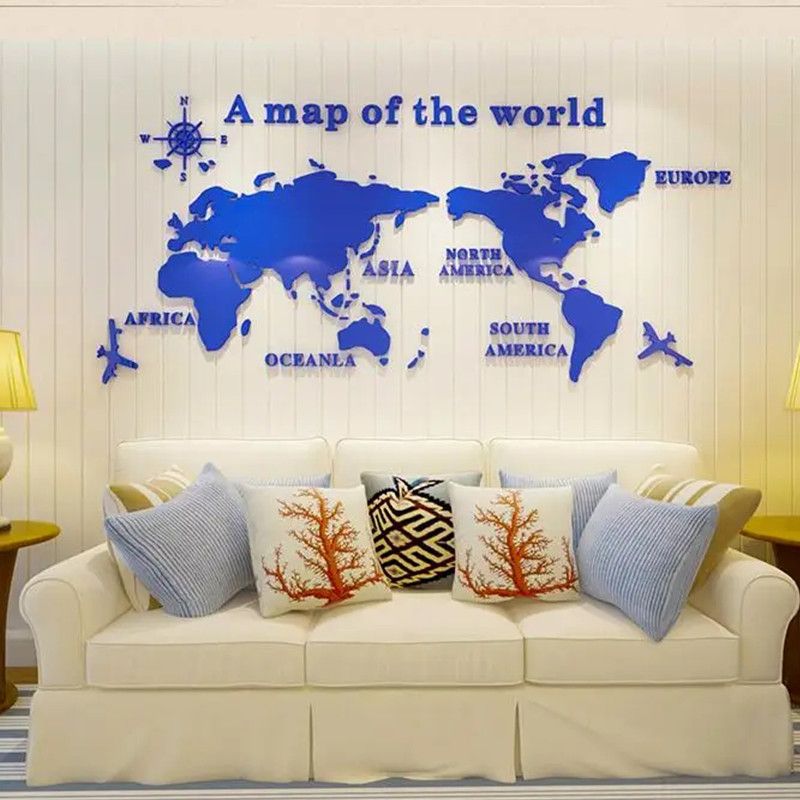 Mirror World Map Acrylic 3D Wall Stickers, Living Room, Bedroom, Office, Home Decor