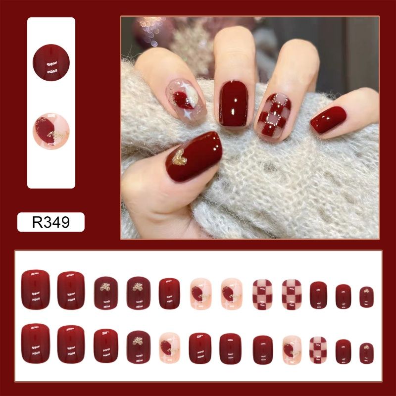 Women Wearable Nails Full Cover Nail Art Red Color Short Style Fake Nails 