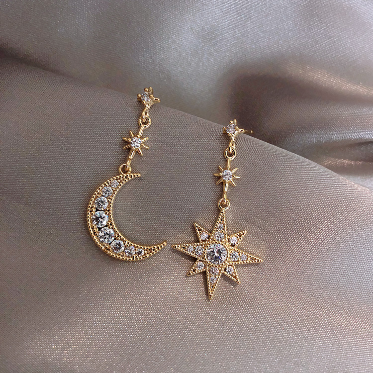 M260 Women's Simple Diamond Set Star Moon Asymmetrical Earrings Jewelry Gift