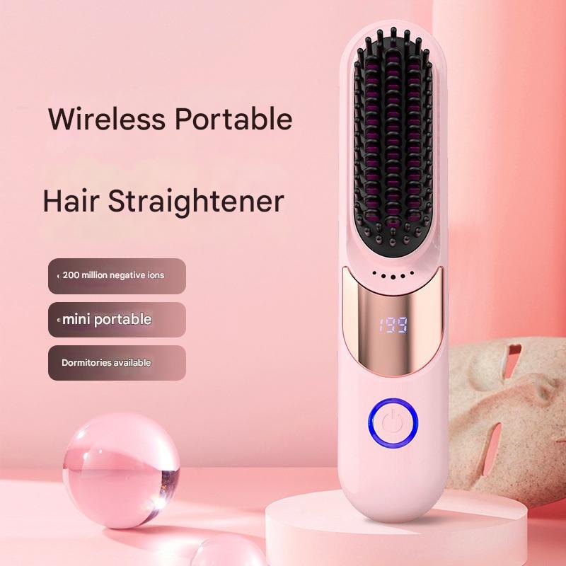 Portable Pocket Rechargeable Negative Ion Hair Straightener Brush, Dual-use Straightening and Curling Comb, Heat Resistant Anti-scald Hair Styling Tool, Damage-free Home Hair Care
