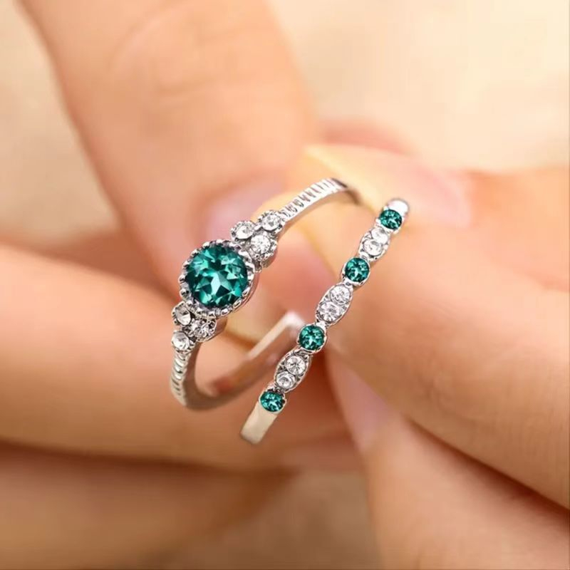 JZ-197 Women's Fashion Green Zircon Ring Versatile Emerald Rhinestone Ring Two-Piece