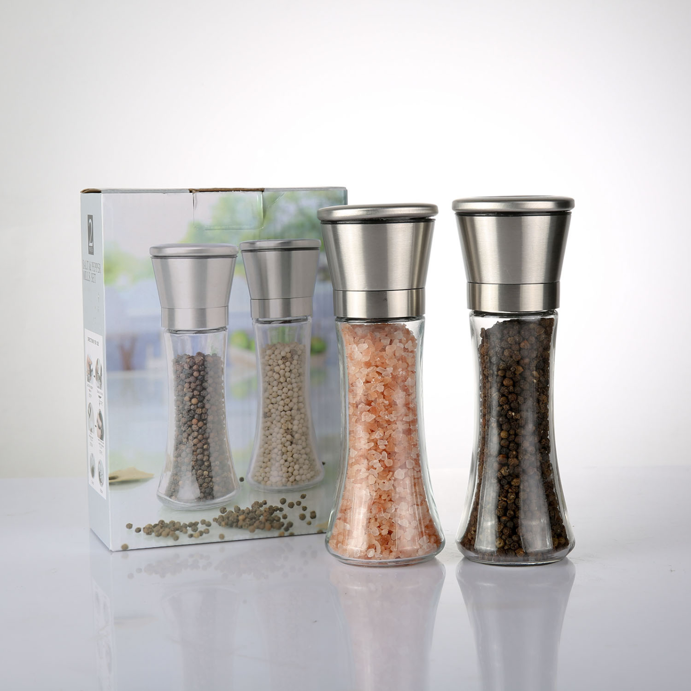 Salt and Pepper Grinder Set - Refillable Salt & Peppercorn Shakers, Silver