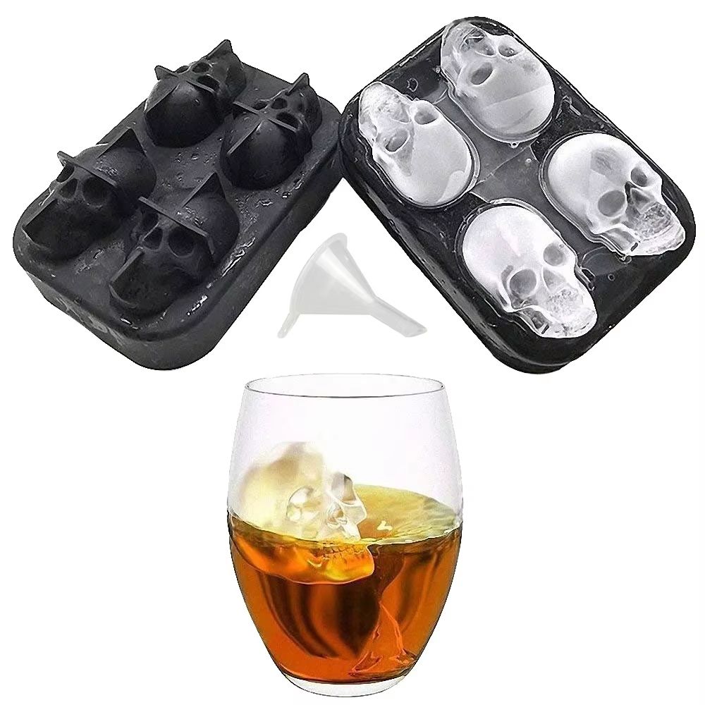 3D Skull Ice Cube Tray, Silicone Ice Maker Molds with Funnel, 4 Cavity Ice Cube Tray for Ice Cream & Party